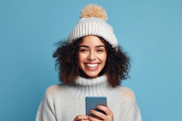 Mixed Race Woman is Typing on Mobile Phone Smiling Cute Girl Student With Smartphone Portrait Of Young African American Woman On Blue Background Generative AI