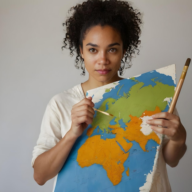 Mixed Race woman painting world map