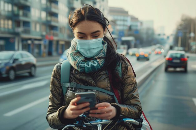 Photo mixed race woman with bike phone mask in urban setting