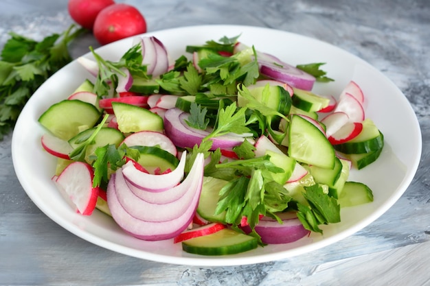 mixed salad with cucumber radish and onion on white plate on the concrete background