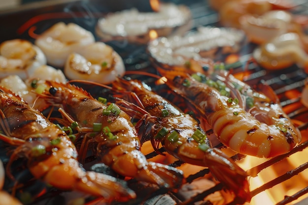 Mixed Seafood Grill with Flames and Smoke