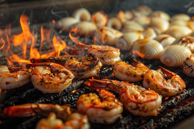 Mixed Seafood Grill with Flames and Smoke