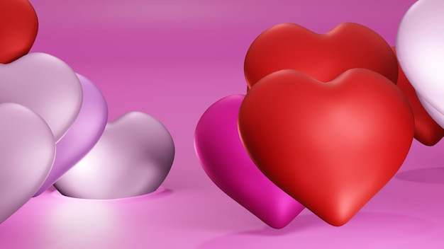 Mixed sweet hearts are falling to pink water 3D Rendering