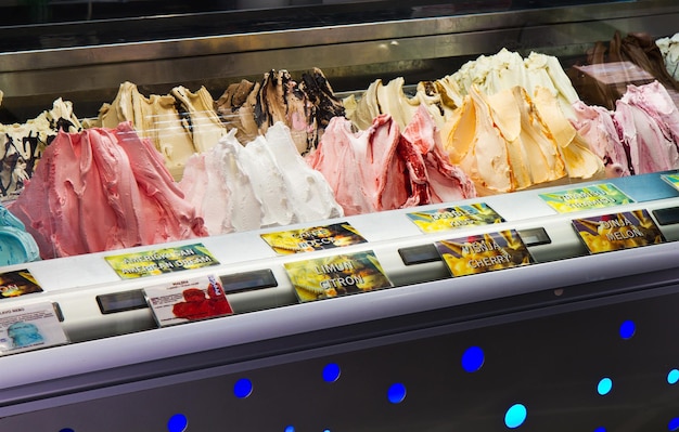 Mixed trays of ice cream in icecream shop