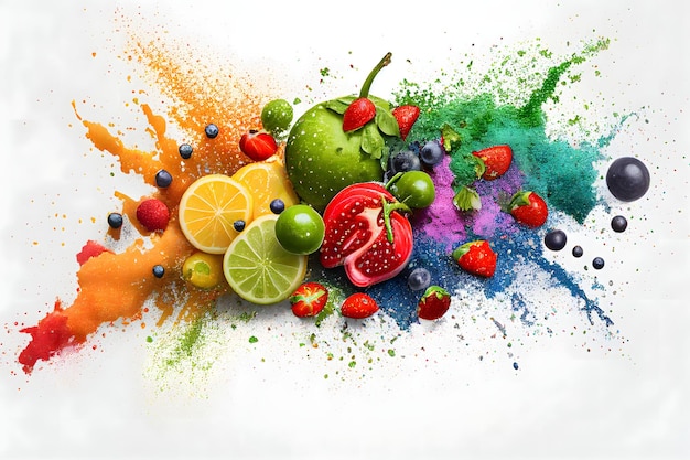 Mixed Of various Fruit and vegetable with colorful splash healthy food background Ai generated