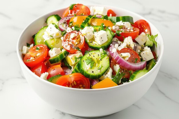 mixed vegetable salad with tomatoes onions and feta cheese in a white bowl on white background