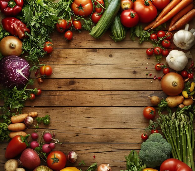 Mixed vegetables as a border with wooden background