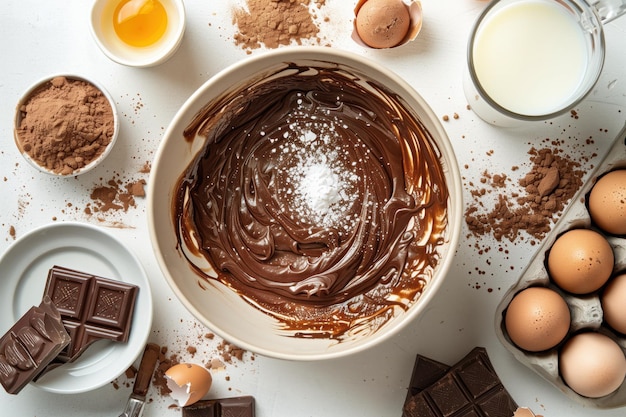 Mixing ingredients for homemade chocolate cream on white background top view