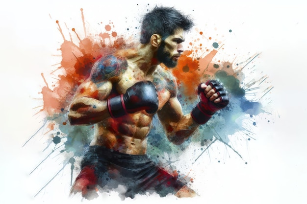 MMA fighter watercolor splash in action isolated on white background