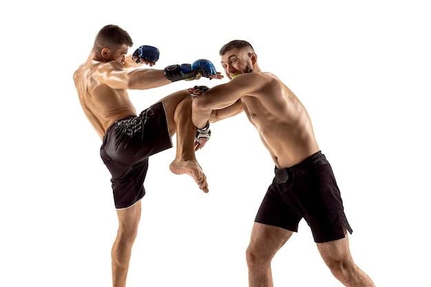 MMA Two professional fightesr punching or boxing isolated on white studio background