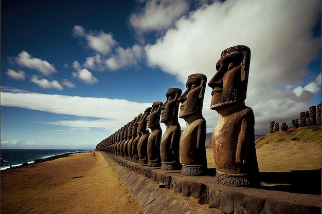 Moai statues row facing ocean on easter island created with generative ai