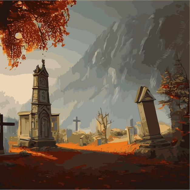 Mobile Catholic church vector illustration in gothic style in autumn forest Vector freehand drawing in vintage style Old