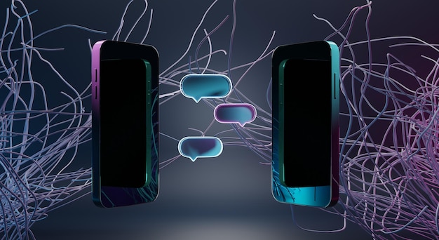 Mobile chat dialog isometric concept 3d illustration Messages text notification or speech bubbles with neon reflection on screens two smartphones facing each other on abstract futuristic background