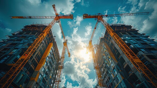 Photo mobile construction cranes with yellow telescopic arms and big tower cranes in sunny day