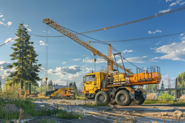 Mobile Crane on a road and tower crane in construction site