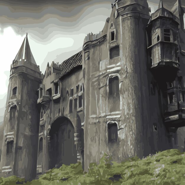 Mobile Gothic castle behind the gates in the moonlight scary building with ghosts Halloween festive concept flat vector