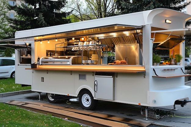 Photo a mobile kitchen with a modern and inviting atmosphere a white food truck is a perfect place to enjoy a delicious and affordable meal