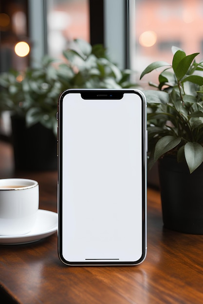 Mobile mockup with clean screen for presentations against the background of a cup with a drink