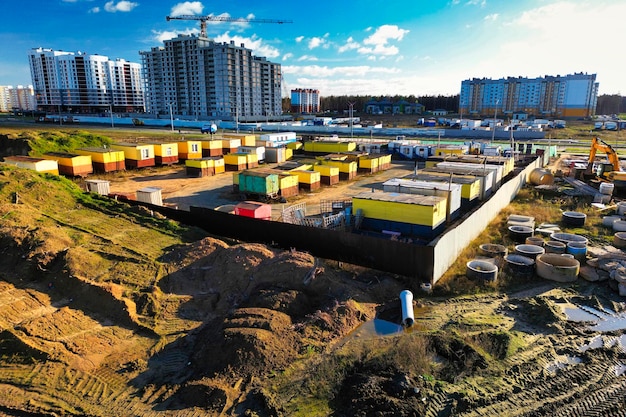 Mobile office buildings or container site office for construction site view from above drone photography Household premises of builders Construction city