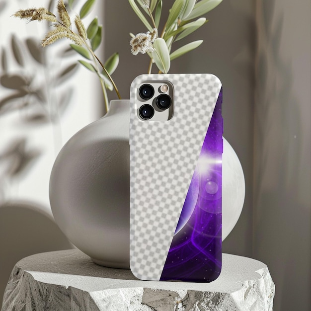 Photo mobile phone case mockup aesthetic design with phone on a stone showcase in front of plant vase