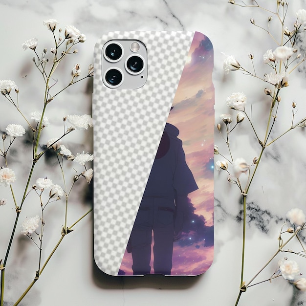 Photo mobile phone case mockup with white aesthetic background with flower on sides