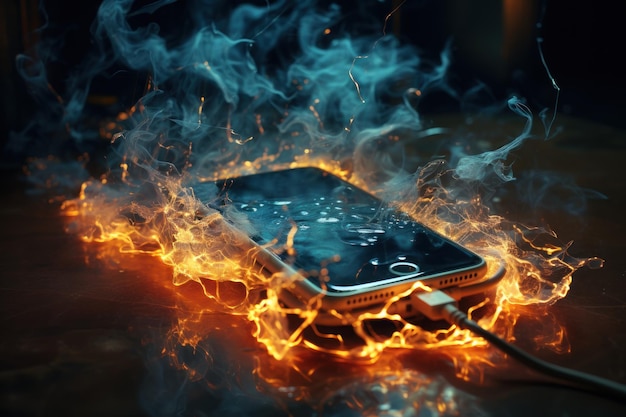 Mobile phone catches fire whilst charging Fire hazard from mobile device Generative AI