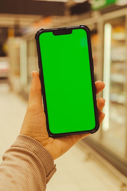 Mobile phone Chroma key on defocused frozen food fridge background Close up of woman hand holds