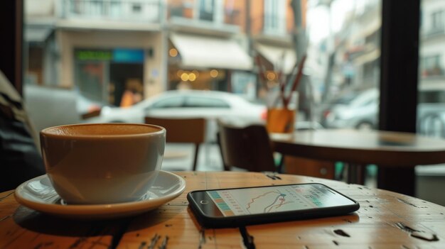 Photo mobile phone displaying stock market data and financial charts in a cafe