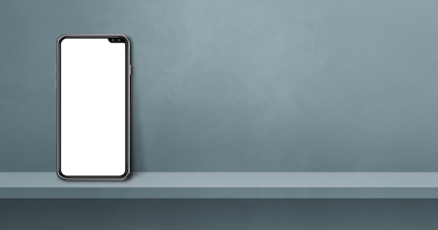 Mobile phone on grey wall shelf. Horizontal background banner. 3D Illustration