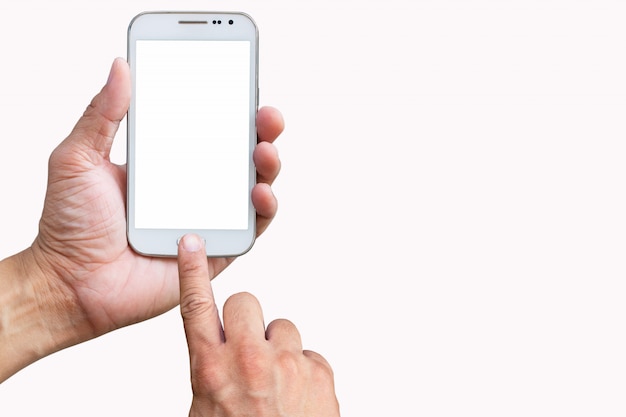 Mobile phone in hand and finger touch screen on white background