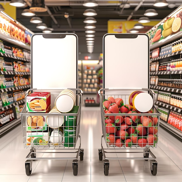 Photo mobile phone mockup in grocery store with shopping carts