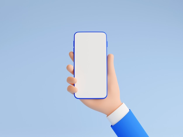 Mobile phone mockup in human hand 3d render illustration. Hand in blue business suit holding smartphone with empty white touch screen - gadget mockup banner on blue background.