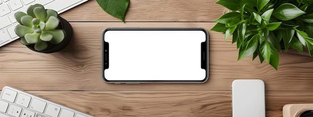 Photo mobile phone on office table smartphone white screen mockup for design flat lay top view