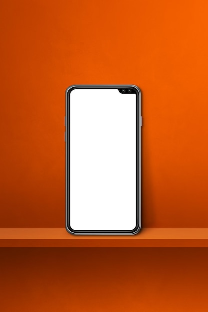 Mobile phone on orange wall shelf. Vertical background. 3D Illustration