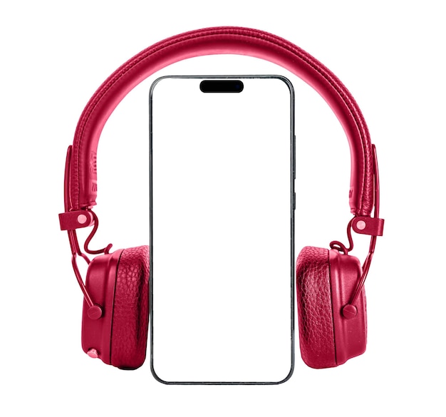 Mobile phone screen mock up red headphones isolated on white background Smartphone display mockup and head phones for listening music audio application