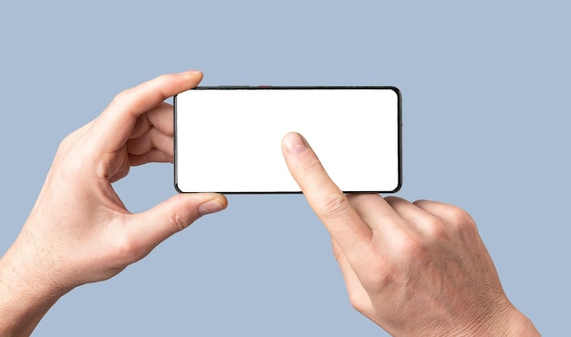 Mobile phone screen mockup Hands holding cellphone pressing clicking touching play on smartphone screen display mockup