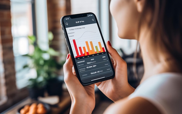 Mobile phone screen with a blank business graph mobile banking in the hands of a woman