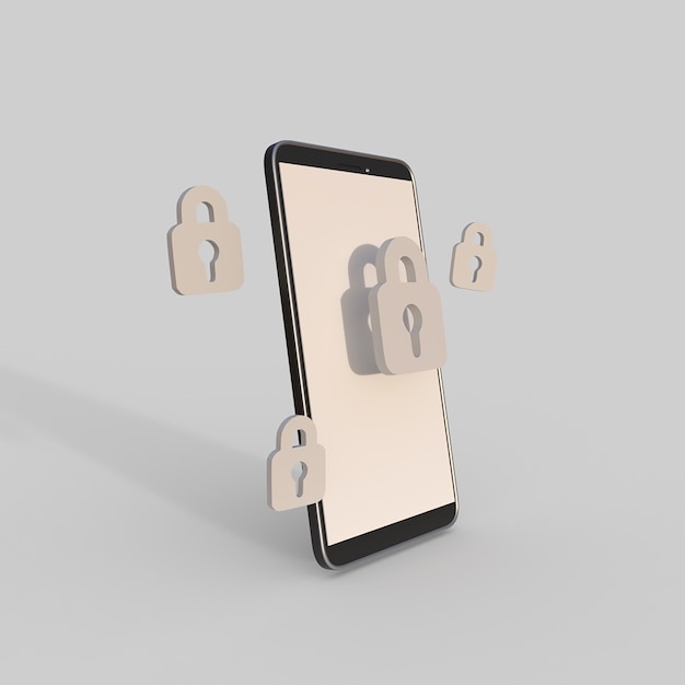 Mobile phone secure padlock 3d rendering illustration