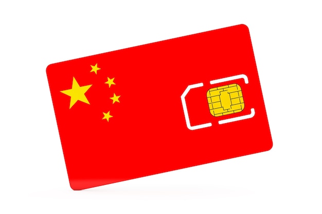 Mobile Phone Sim Card Chip with Flag of China on a white background. 3d Rendering