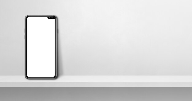 Mobile phone on white concrete wall shelf. Horizontal background banner. 3D Illustration