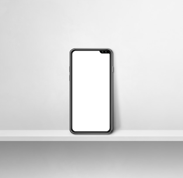 Mobile phone on white concrete wall shelf. Square background. 3D Illustration