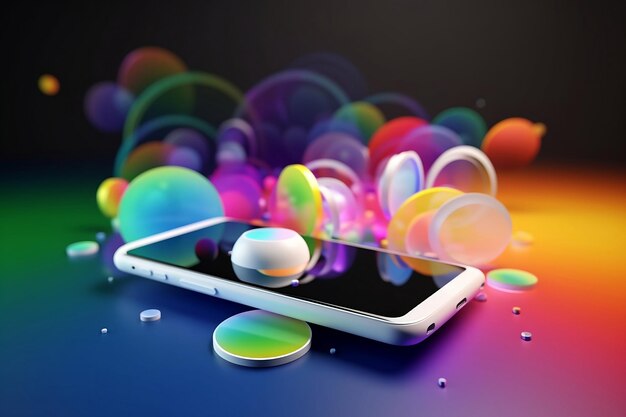 Mobile phone with abstract dobjects on color background social media marketing concept