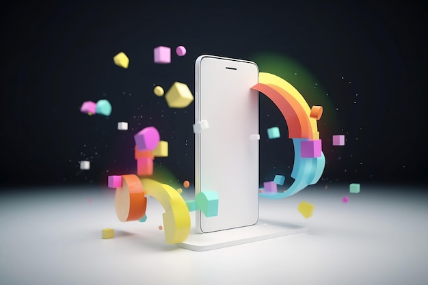 Mobile phone with abstract dobjects on color background social media marketing concept