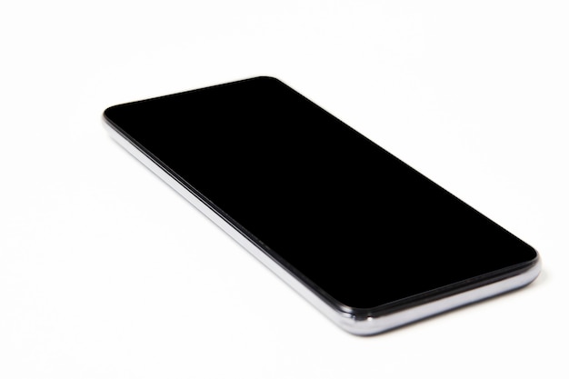 Mobile phone with black screen on white background with copy space. Smartphone mockup blank screen isolated with clipping path