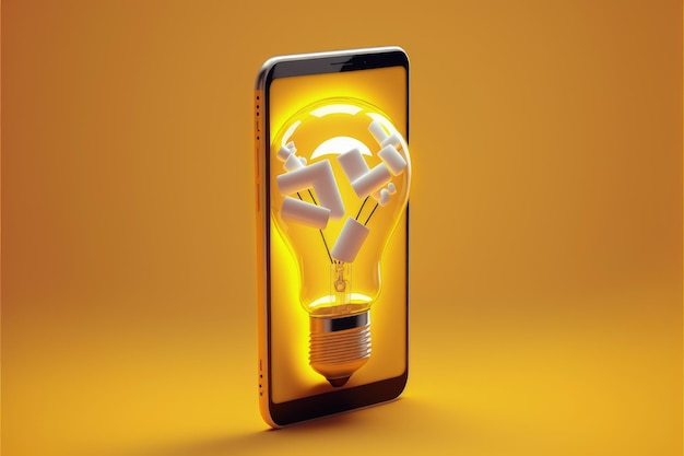 Mobile phone with light bulb on screen Concept of ideas and creativity yellow background AI