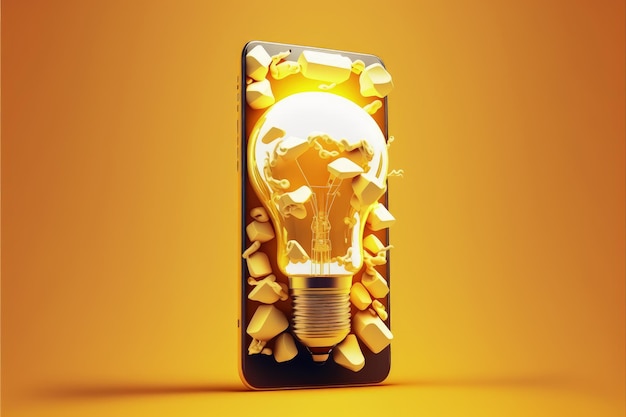 Mobile phone with light bulb on screen Concept of ideas and creativity yellow background AI