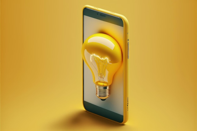 Mobile phone with light bulb on screen creativity and innovation concept yellow background AI