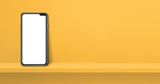 Mobile phone on yellow wall shelf. Horizontal background banner. 3D Illustration