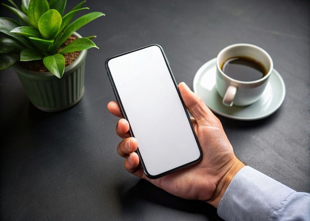 Mobile smart phone screen mock up white smartphone display mockup in hand with finger tappingwith