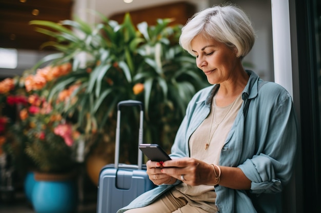 Mobile travel planning Retired woman using her phone